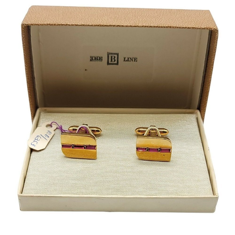 Lamode Gold Tone Pink Rhinestone Cufflinks Vintage in Box Rectangle Shape